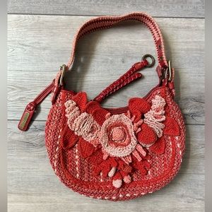 Vtg ISABELLA FIORE Floral Leather Crochet Shoulder Bag Hobo